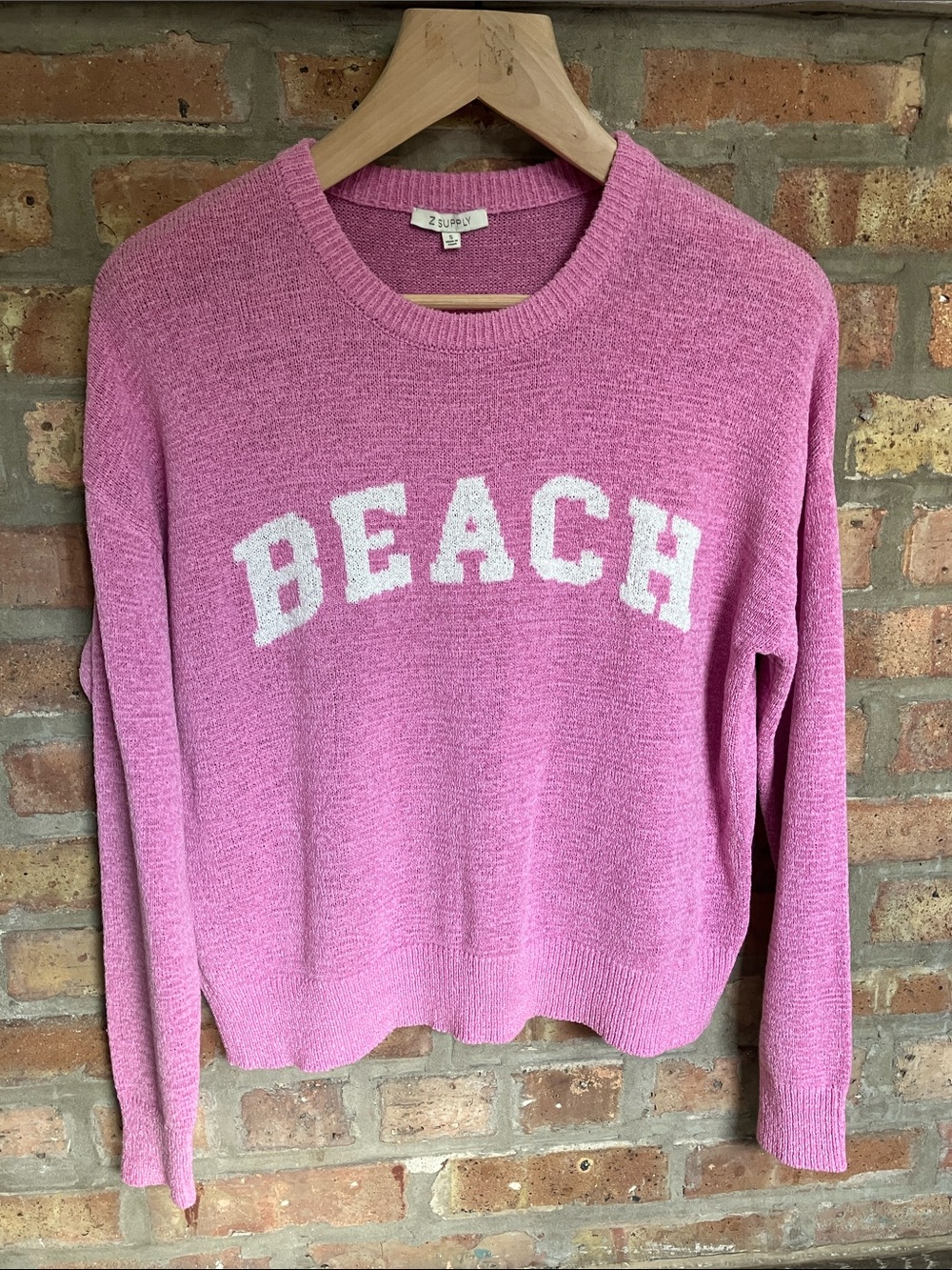 Z Supply Pink Crewneck Sweater with White 'BEACH' Lettering